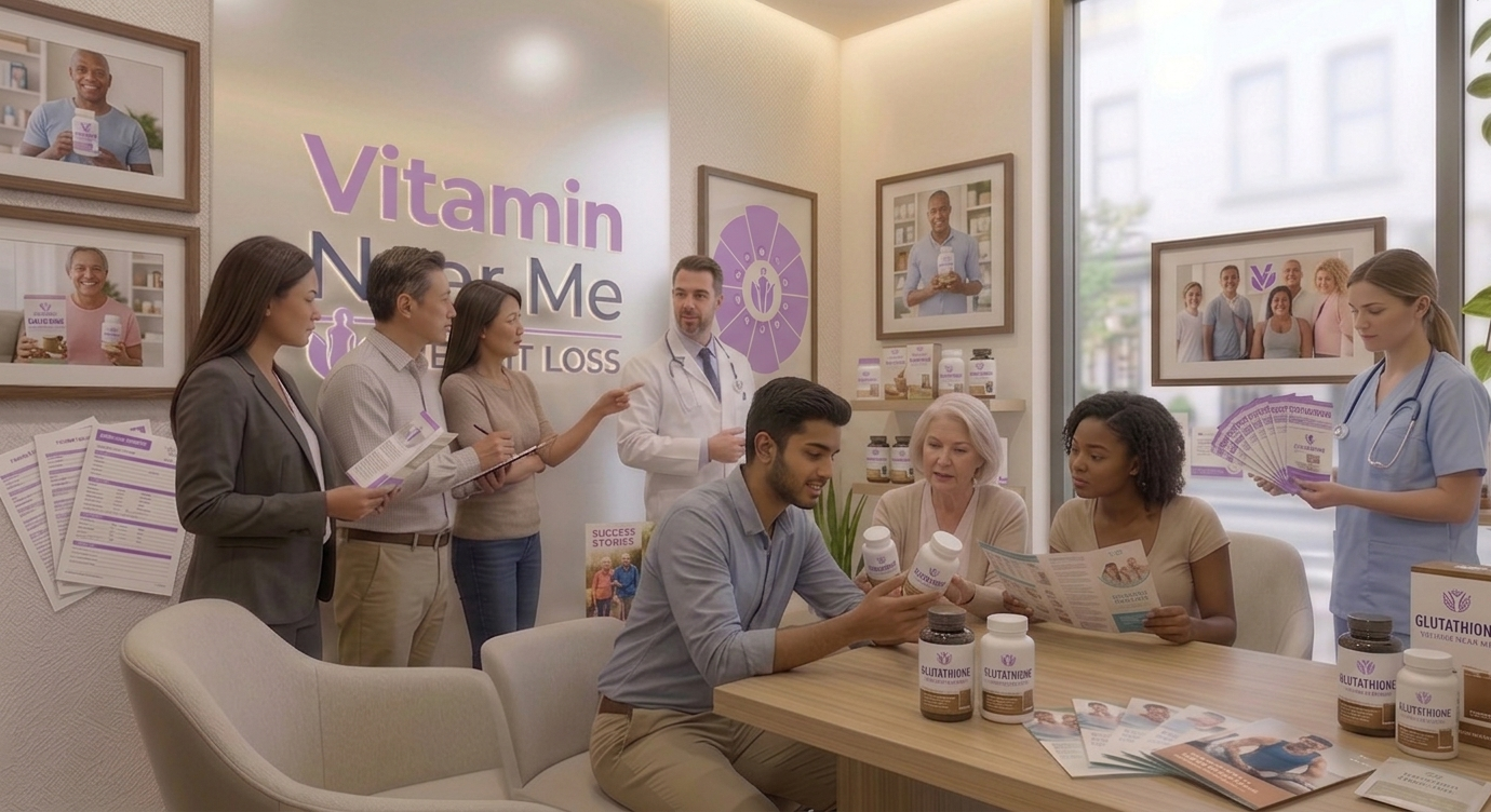 Patients consulting with a healthcare provider about glutathione injections at a wellness clinic
