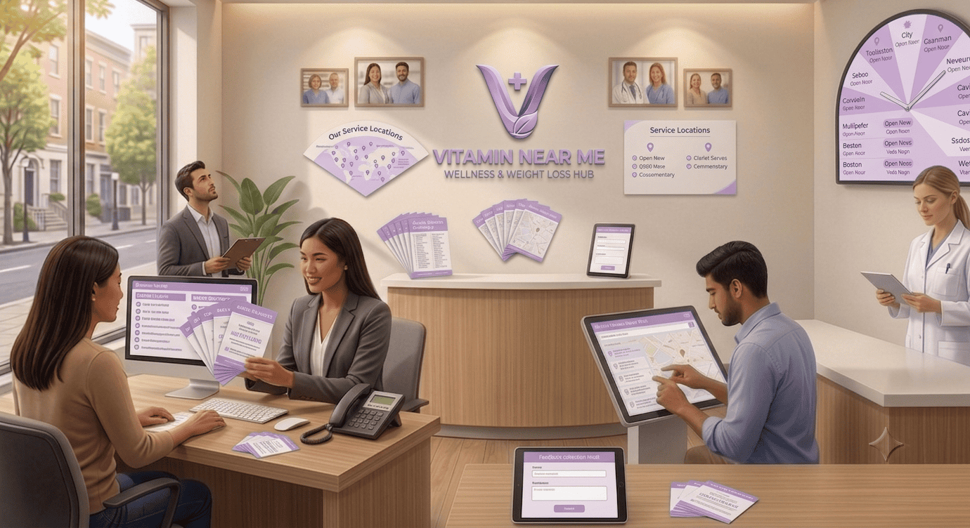 Patient speaking with clinic staff at a wellness center reception desk