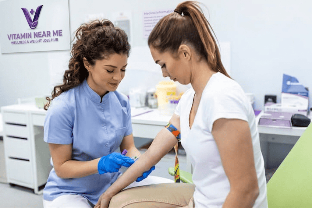 Healthcare professional collecting a blood sample from a patient for HCG testing