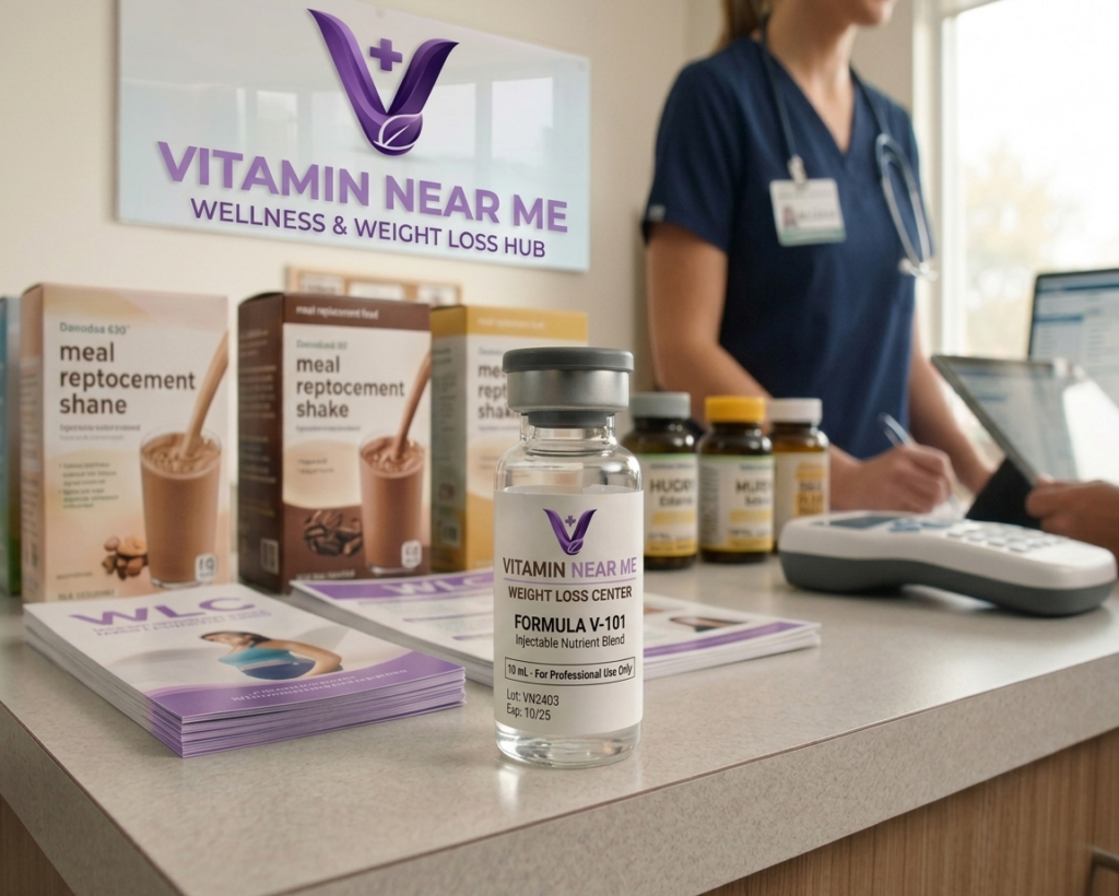 Weight loss supplements and wellness products displayed at a medical weight loss clinic reception