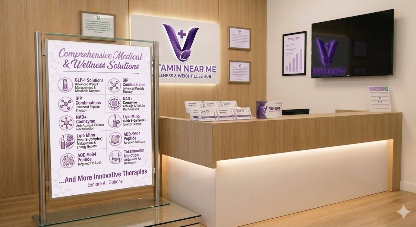 Wellness clinic reception featuring information on advanced medical and peptide therapies