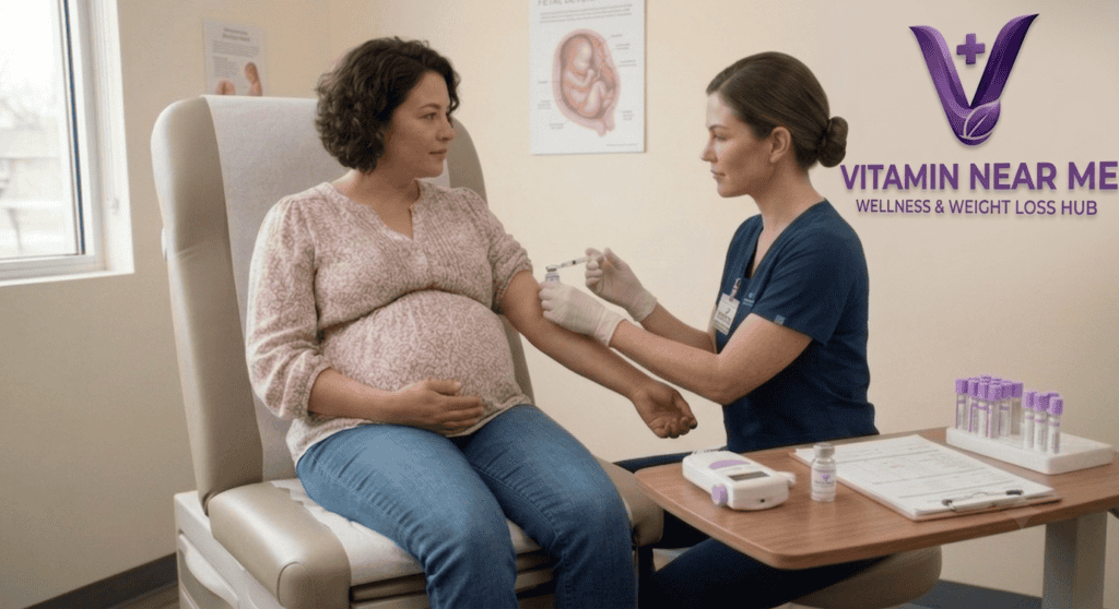 Healthcare professional collecting a blood sample for HCG testing from a pregnant patient