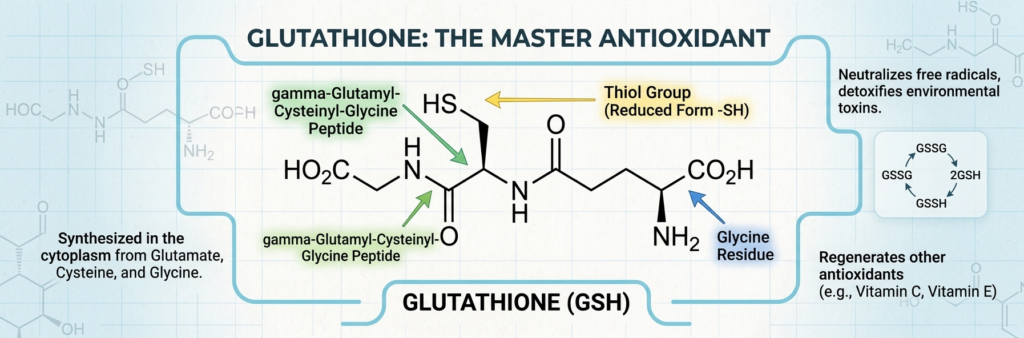 Glutathione master antioxidant diagram showing GSH structure, antioxidant functions, and cellular protection