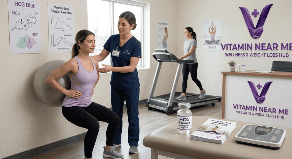 Healthcare professional guiding a patient through exercise during an HCG weight loss program