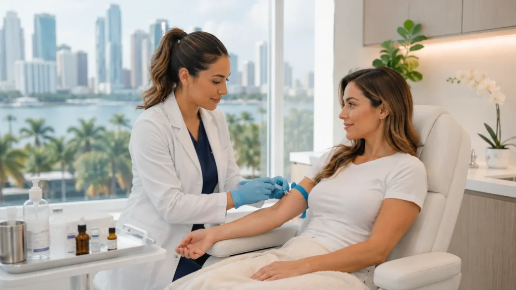 Professional healthcare provider preparing a vitamin injection for a patient in a Miami wellness clinic